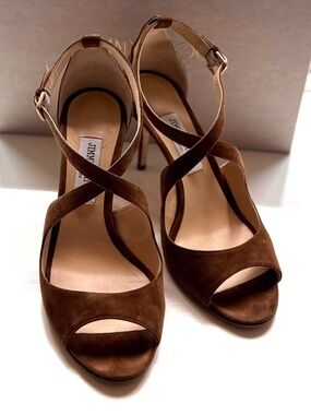 JIMMY CHOO Emily 85 Crisscross Heel Cacao Brown Suede Sandal EU 40